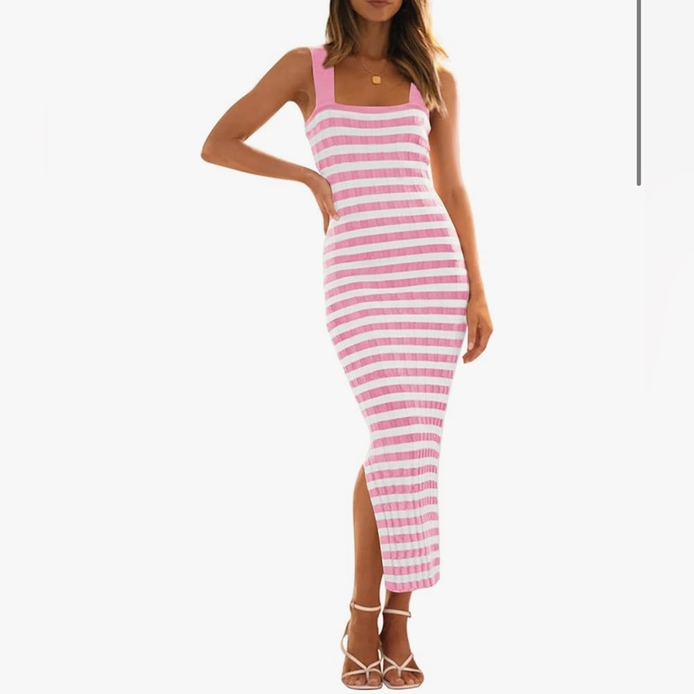 Chic Pink and White Striped Midi Dress